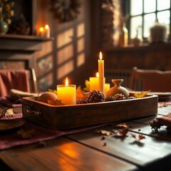 High-angle perspective, strong hard light, warm autumnal colors. Direct harsh