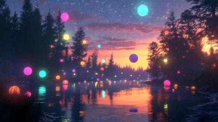 Obraz premium Fantasy forest world, enchanting forest glows with bioluminescent trees and a starlit sky reflecting on a glassy river, encircled by shimmering orbs. Starlit Bioluminescence. Illustration