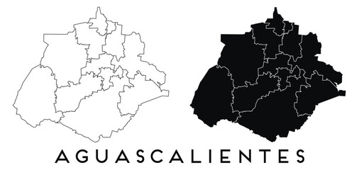 Aguascalientes map of regions districts vector black on white and outline