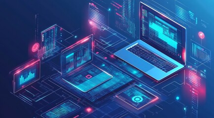Digital devices network data flow, futuristic background