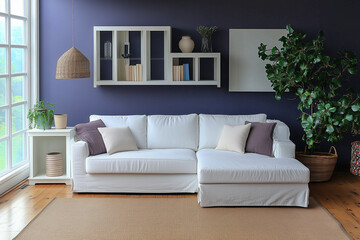A Interior of living room with white sofa .