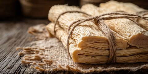 A bundle of dried ginseng roots tied with twine, resting on a textured surface with a rustic background