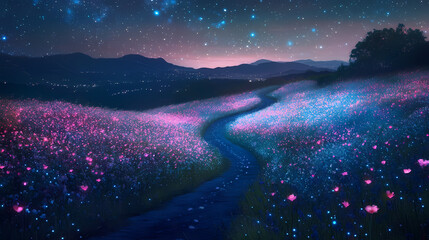 Magical night road through vibrant flower field, glowing with bioluminescence and starlit sky. Starlit Bioluminescence. Illustration