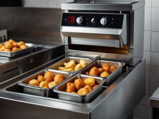 Freshly fried golden snacks in a professional kitchen food warmer