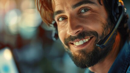 Cheerful man wearing a headset in a call center setting, engaged in a conversation, representing a customer service agent in online support and sales