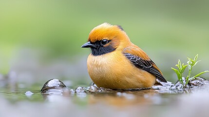 Fototapeta premium Golden bird bathing in shallow water, blurred green background, nature wildlife photography