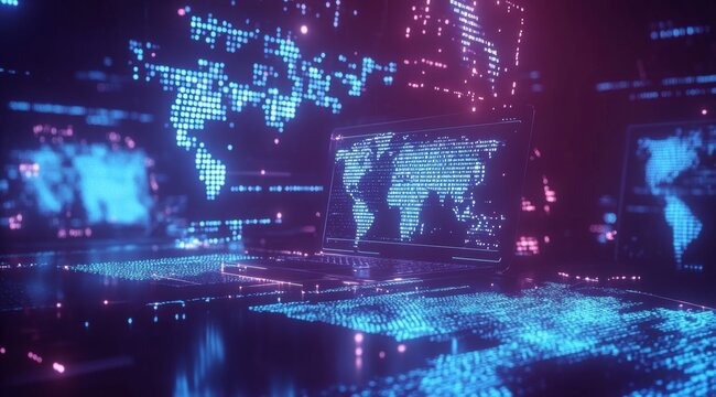 Global network data visualized on laptop, futuristic office - Powered by Adobe