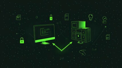 Abstract Technology Illustration With Green Computer Monitor and Security Elements on Dark Background