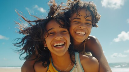 Portrait of a joyful couple hugging outdoors, capturing love and happiness against a backdrop of a clear blue sky, celebrating their bond and shared moments