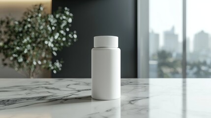 White Pill Bottle Mockup on Marble Surface with City View