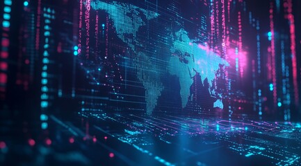 Global network data flow visualization, digital world map background, technology concept