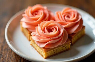 cupcakes with rose-shaped frosting on white plate, elegant dessert concept for bakeries, special events