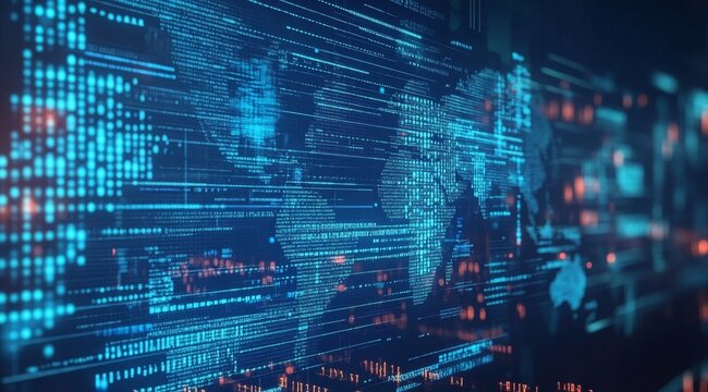 Global data flow, digital world map, network, future tech, abstract background, website banner
