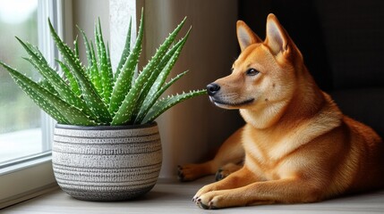 Fototapeta na wymiar A dog sits calmly next to a potted aloe vera plant by a window, showcasing a minimalistic interior setting