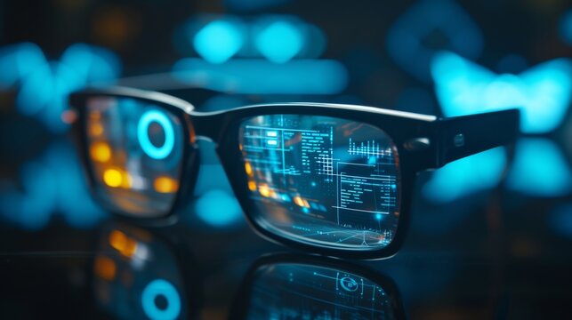 Stylish black smart glasses featuring a sleek design and advanced augmented reality data display, perfect for tech enthusiasts and modern gadget lovers. AI generated.
