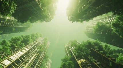 A breathtaking view of towering green skyscrapers adorned with lush vegetation under soft sunlight, representing sustainable modern architecture. AI generated.