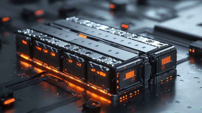 3D rendering of prismatic lithium-ion phosphate (LFP) batteries for EVs.