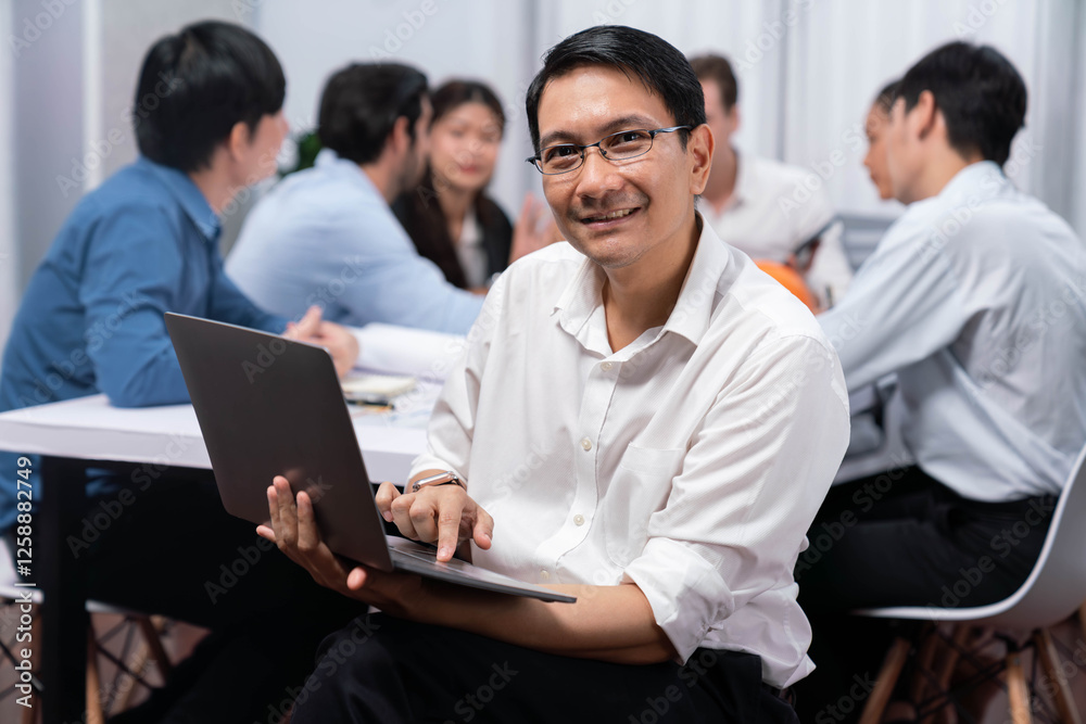 Poster confidence and happy smiling businessman portrait with background of his colleague and business team