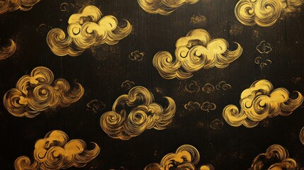 Golden Swirling Clouds Dark Background Elegant Asian Art Design