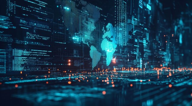 Global network data flow, digital map background, futuristic technology concept