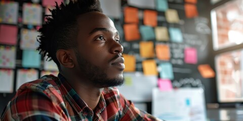 Contemplative male graphic designer exploring color options and strategies for a project in an office setting