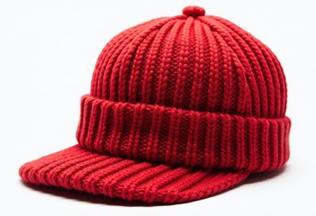 Vibrant Red Knit Hat Against Pure White Background. A red knitted hat on a white background.