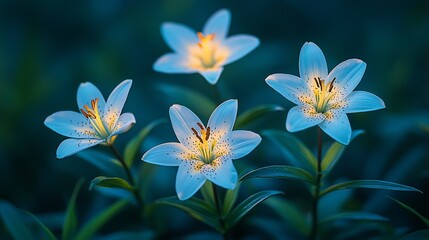 Fototapeta premium Four white lilies illuminated at dusk, garden background, nature photography