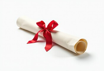 Isolated White Diploma Ribbon on Stunning Crisp White Background. A rolled diploma with a red ribbon tied around it.