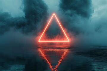 Glowing neon triangle in misty atmosphere with reflective water surface.