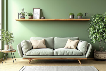 Sofa near wooden shelf against green wall with copy space. Scandinavian interior design of modern living room.