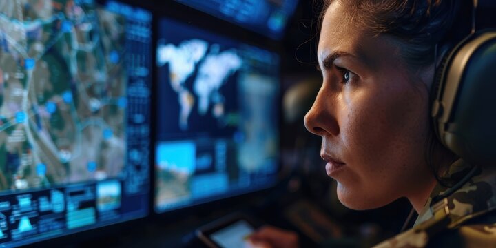 Female military personnel using a tablet in a control room, providing technical support for operations, cybersecurity, and managing an online database for research and communication