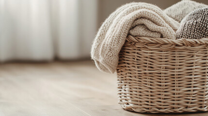 Obraz premium Cozy home interior with woven basket and soft folded throw blanket