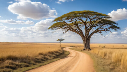 Fototapeta premium Scenic Dirt Road & Acacia Trees Under Blue Sky
