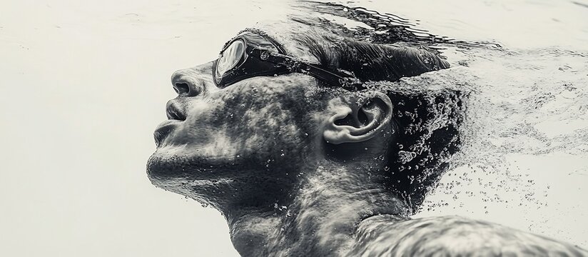 Swimmer submerged underwater, showcasing determination and focus, with bubbles surrounding him
