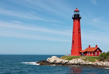 Naklejka premium Vibrant Red Lighthouse Isolated Against Clear Blue Sky and Greenery on White Background. A red lighthouse sits on a rocky shoreline by the ocean.