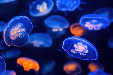 Obraz premium A group of vibrant jellyfish swimming gracefully in dark water.
