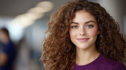 Obraz premium Candid portrait of a smiling young woman indoor setting lifestyle photography bright environment warm atmosphere