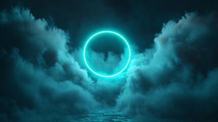 Obraz premium Bright cloud with a vivid cyan neon ring, surrounded by faint fog generative ai