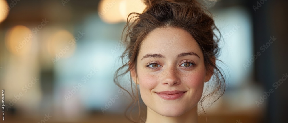 Wall mural Portrait of a smiling woman with freckles