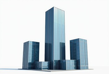 3D Modern Skyscraper Against White Background: Sleek Glass Design & Reflective Reflections. A 3D rendering of a modern skyscraper with a white background.