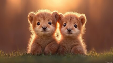 Fototapeta premium Playful lion cubs sunrise savannah animal photography soft light close-up wildlife concept