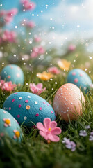 Colorful eggs resting amidst blooming flowers on a sunny spring day, capturing the spirit of celebration and joy