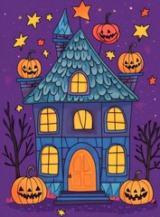Fototapeta premium Cartoon Halloween Castle With Pumpkins At Night