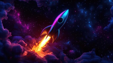 Rocket launching into space cosmic journey digital art nebula environment dynamic viewpoint exploration concept