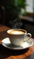 Steaming espresso in vintage cup, saucer nearby , coffee, detail, drink