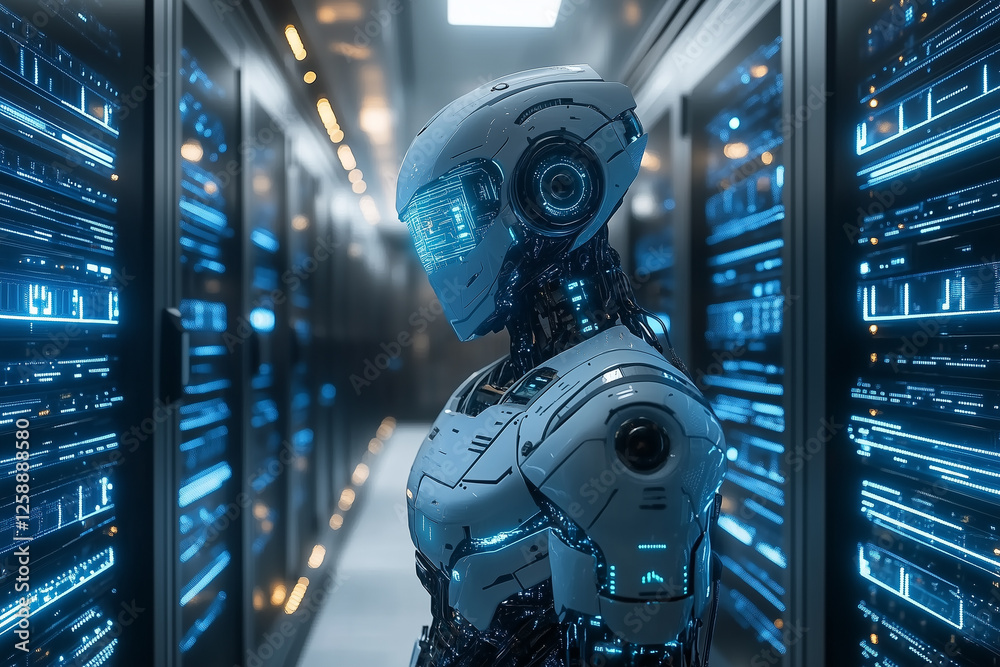 Wall mural a futuristic robot in data center with neon lights and digital interface.