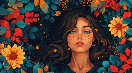 Serene woman amidst vibrant autumn foliage, closed eyes, freckles, long brown hair.