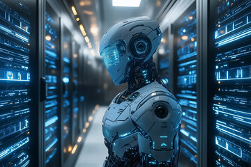 A Futuristic robot in data center with neon lights and digital interface.