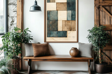 Wooden bench and art poster on white wall. Interior design of mid-century living room.