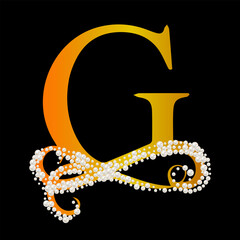 Obraz premium Capital Letters gold G of English alphabet romantic with pearls. Precious decorated white pearls with bright stars